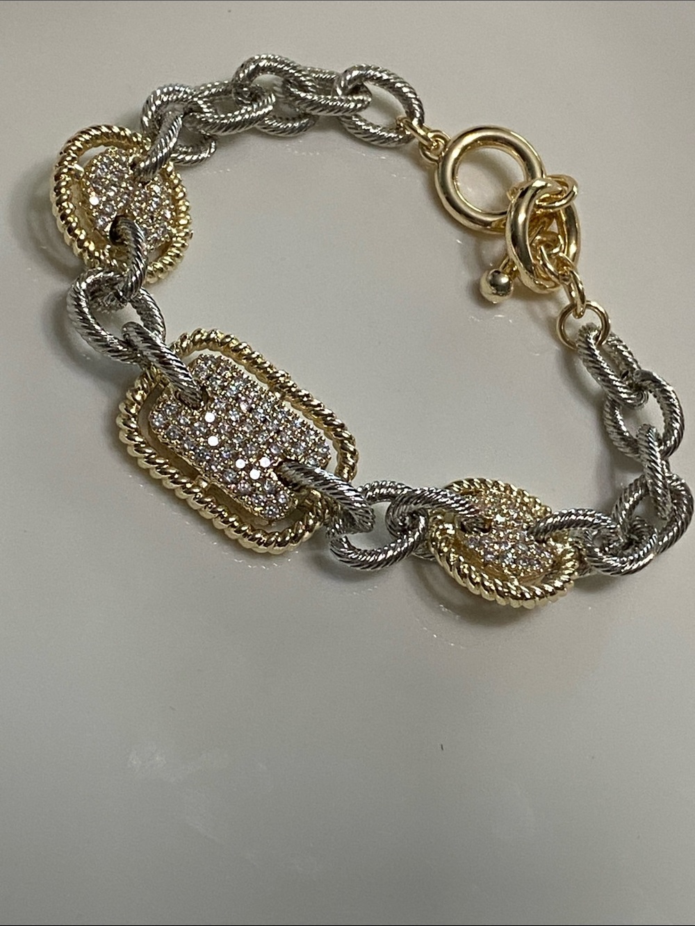 Stainless Steel Two-Tone Gold and Silver Pavé Link Bracelet - Picture 2 of 6